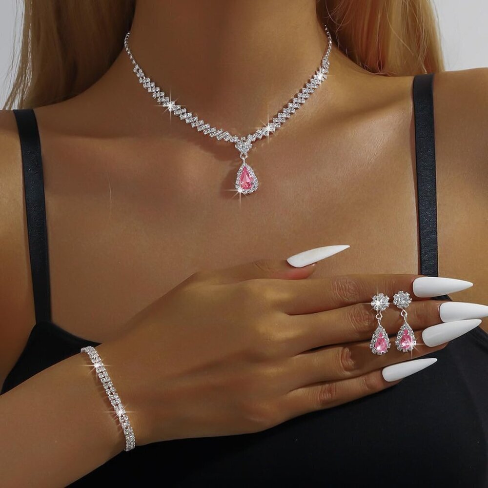 Silver Jewelry Set Prom Bridal Wedding Crystals Necklace Earrings Bracelet Women - Picture 3 of 7